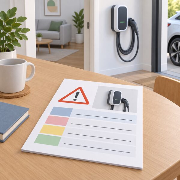 A printed product safety report lying on a household table, its page showing plain colour bands and blank ruled lines where the product name, hazard, risk level and notifying body would appear, with a wall-mounted EV charger and its cable visible in the background of the room.