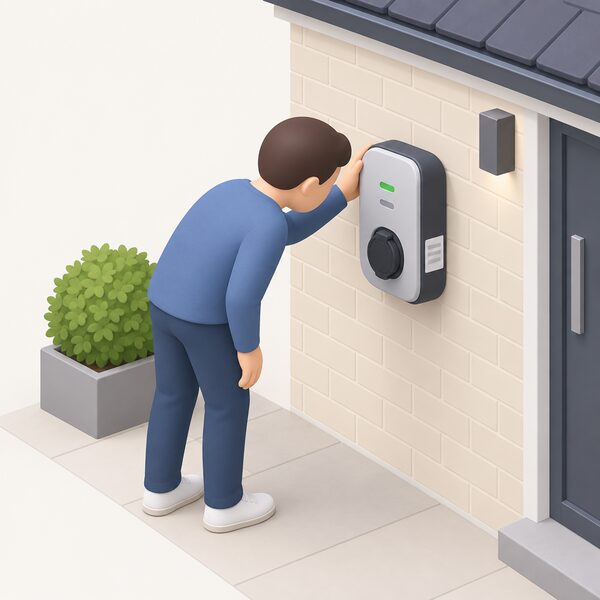 A householder standing at an outside house wall leans in to look closely at the rating label on a wall-mounted Mode 3 EV charge point, holding the unit's edge while inspecting the small label plate beside its socket and indicator lights.