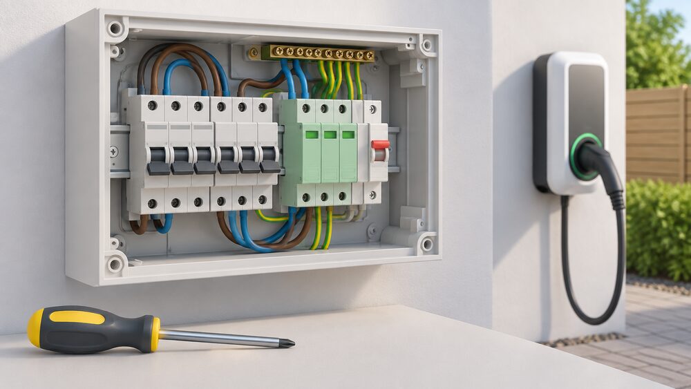 A close-up of an open domestic consumer unit with its front cover removed, a Type 2 surge protection device module clipped inside beside the breakers, an electrician's screwdriver resting nearby, and a wall-mounted EV charger visible on the outside wall in the background.