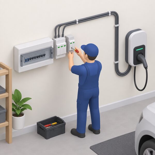 An installer's isometric figure fitting a surge protection device immediately beside a domestic consumer unit on an interior wall, with the wiring route running from the unit towards a wall-mounted EV charger nearby.
