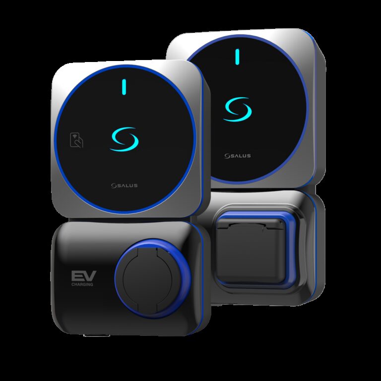 Two SALUS EV charging wall units shown from front and side against a white background
