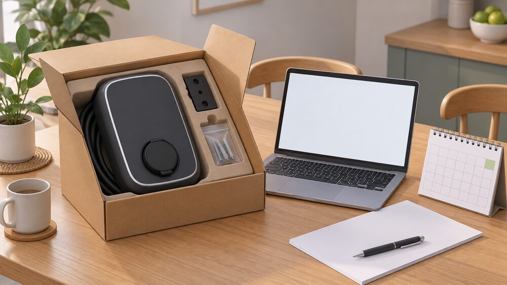A home EV charge point still in its opened delivery box on a kitchen table, beside a laptop with a blank screen, a blank registration form, a pen and a calendar, showing the moment an owner registers the unit within the 30-day window after delivery.