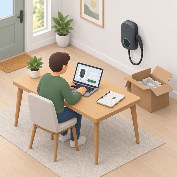 A simplified isometric figure sits at a laptop on a table in a home setting, registering a newly delivered wall-mounted EV charge point online, with the charge point's opened delivery box nearby and a diary on the table marking the day the box arrived.