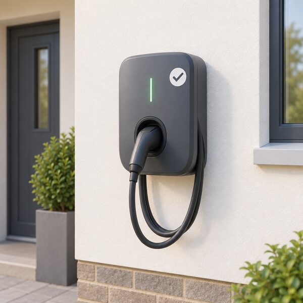 A wall-mounted home EV charge point beside a house exterior, with a plain certification mark sticker affixed to its casing, drawn as a physical object with the mark shown as a simple blank emblem so no readable words or numbers appear.