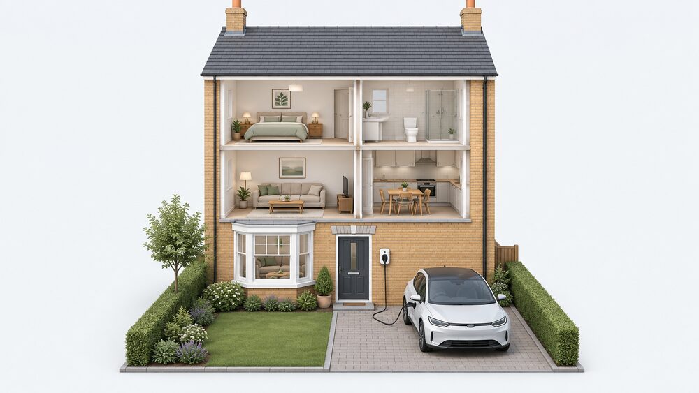 A terraced house seen from the front, with a wall-mounted EV chargepoint on the front elevation beside the front door, a cable running down the wall to an electric car parked on the private off-street driveway in front of the house.