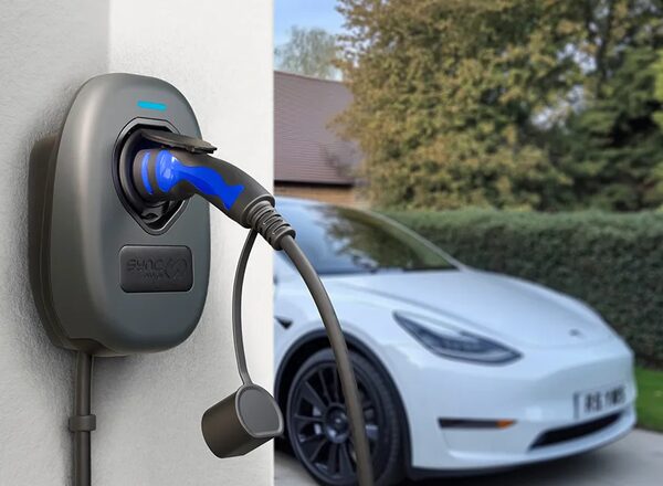 A Sync Energy wall-mounted EV chargepoint on a house wall with a cable plugged in, a white electric car parked in the driveway behind