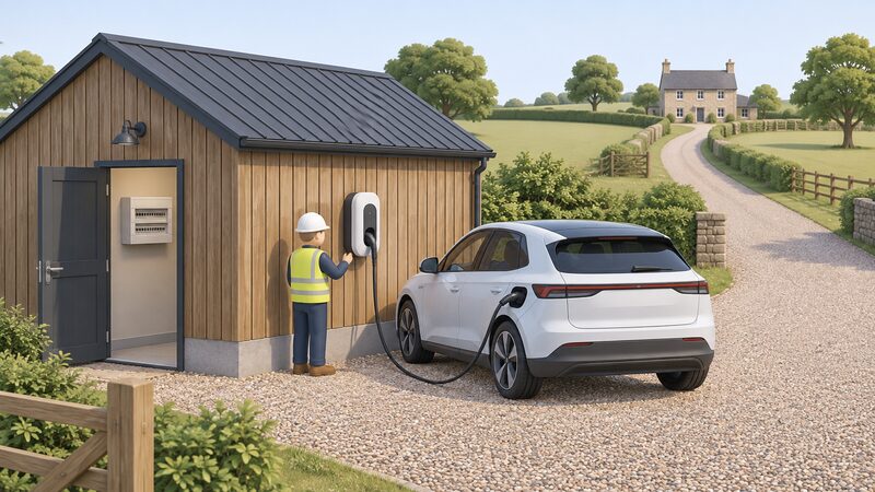 A 22kW three-phase wall-mounted EV charger on the side wall of a rural outbuilding, with a car plugged in nearby and a long drive stretching back toward a distant farmhouse, an electrician's simplified figure checking the unit.