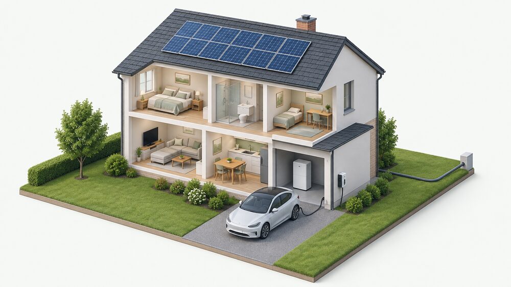 A cutaway house with solar panels on the roof, a wall-mounted EV chargepoint on the outside wall beside the drive with a cable running to a parked electric car, a home battery in the garage, and a grid connection cable entering the property.