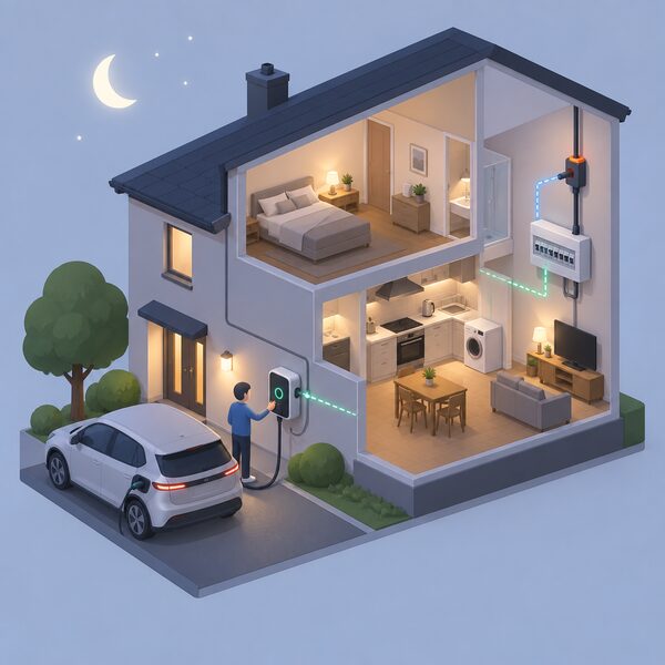 A wall-mounted home EV charger beside a parked car at night, connected to a clamp meter on the house's incoming electricity supply, with a small isometric figure adjusting the charger while household appliances run inside, showing reduced charging speed protecting the supply.