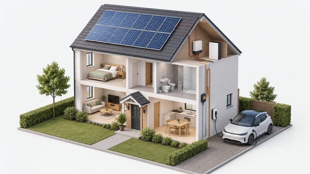 A cutaway house with solar panels on the roof, an inverter and a battery in the loft or utility space, a wall-mounted EV charge point on the outside wall beside the drive with a cable running to an electric car parked below, and a current transformer clamp on the incoming supply.