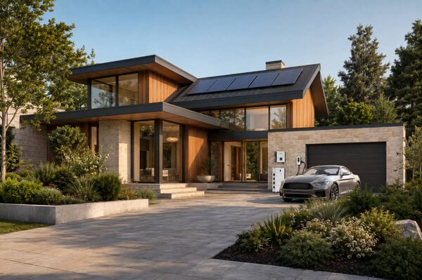 A modern house with rooftop solar panels, a wall-mounted battery and EV charger, and an electric car parked in the driveway
