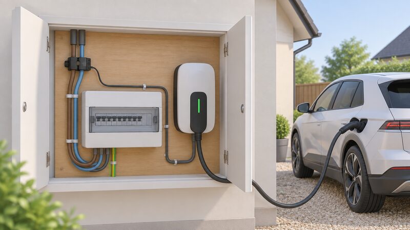 A cutaway view of a home's meter cupboard and consumer unit showing a wall-mounted EV charge point wired beside it, with a current transformer clamp fitted around the incoming supply tails and a cable running to a parked electric car outside.