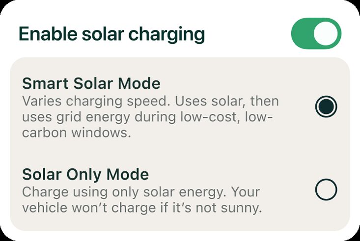 Screenshot of the ev.energy app's 'Enable solar charging' settings screen with Smart Solar Mode and Solar Only Mode options
