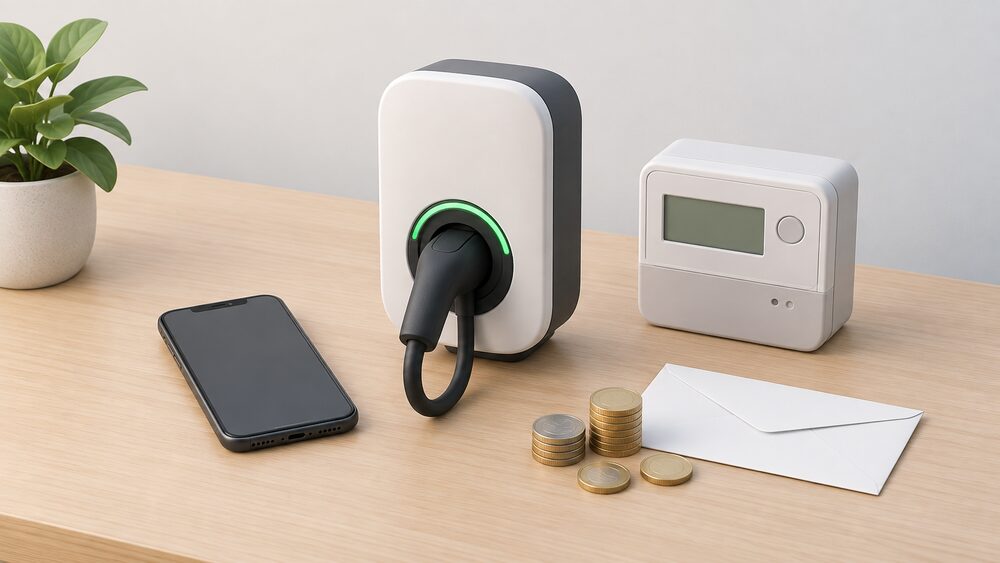 A small model of a wall-mounted electric car charge point stands on a table beside a smartphone with a blank screen, a smart electricity meter, and a few coins with a plain envelope, suggesting a household being rewarded for shifting when the car charges.