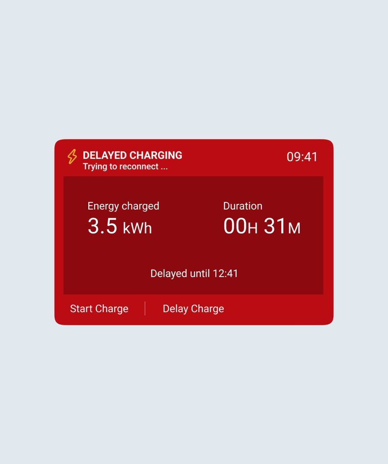 A screenshot of the Ohme app screen showing delayed charging status with energy charged, duration and delay options