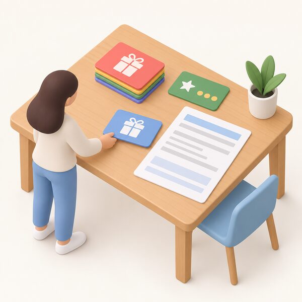 A home table scene showing the physical forms flexibility rewards take: a stack of plain gift cards, a card of reward points, and a printed bill-credit statement, with a small isometric figure placing a gift card beside the statement.