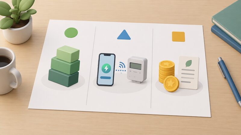 A printed comparison sheet lying on a table showing three plain columns of different reward structures: one with stacked credit blocks, one with a simple app-to-smart-meter link, and one with points and bill tokens, each column topped by a differently shaped plain marker.