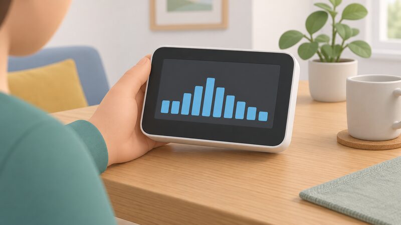 A close-up of a smart meter's in-home display on a table, its screen showing a simple bar chart of half-hourly consumption as plain blank bars with no readable words or numbers, with a hand holding it.