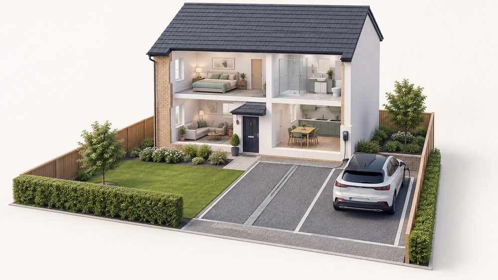 A new-build house shown from the front with a wall-mounted electric vehicle charge point on the external wall beside a driveway parking space within the property boundary, a charging cable running to the space, and a second marked parking space with a covered cable route in the ground where no charge point is fitted.