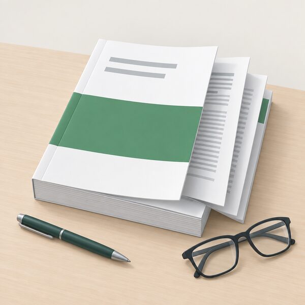 A thick paper guidance publication lying on a desk, its cover carrying only a plain colour band and blank title lines, with a few pages fanned open showing blocks of plain text lines, beside a pen and a pair of reading glasses.