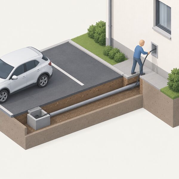 An isometric cutaway of a parking space beside a residential building showing a straight underground duct running from the space to the building wall, with a simplified figure pulling a cable through the duct from an access point at the wall end.