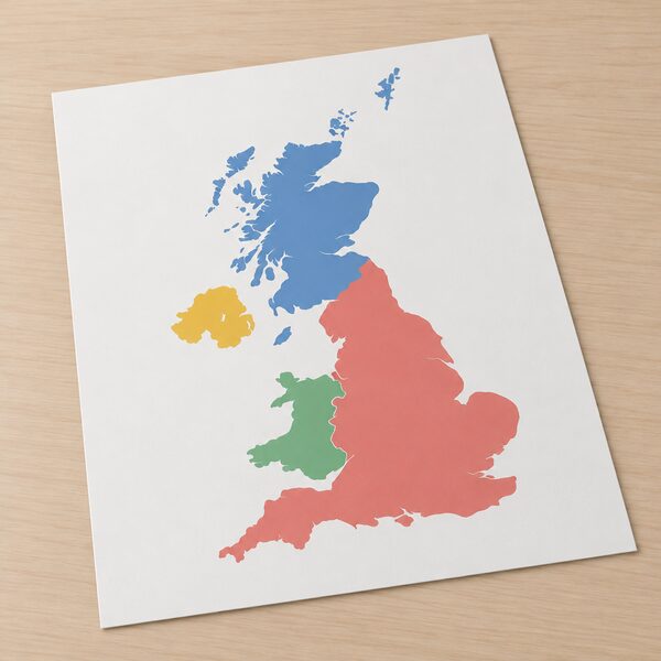 A simplified map of the United Kingdom drawn as a printed sheet on a flat surface, showing the four nations as plain colour regions with no names, so the reader sees that England and the other nations each follow their own charge point rules.