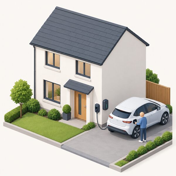 A small new-build home with a driveway where a wall-mounted 7kW charge point on the house wall stands ready beside a parked electric car, a simplified figure plugging the charging cable into the car from day one.