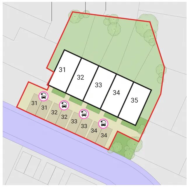 A site plan map of a small housing development with numbered plots and parking bays marked with EV charge point icons