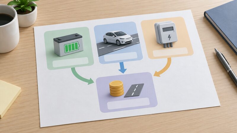 A printed diagram sheet showing three plain blocks labelled only with simple icons — a battery, a car on a road, and a domestic electricity meter — with arrows from each converging into a single result block representing cost per mile.