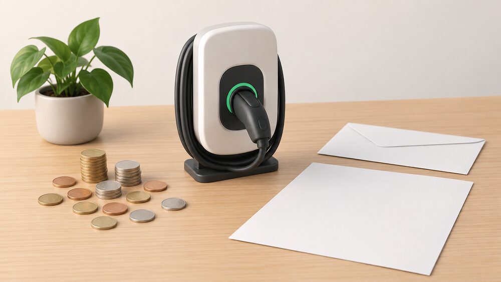 A small model of a home EV wall chargepoint stands on a table beside a scatter of coins, a blank envelope and a blank bill, suggesting the household working out what a full charge costs.