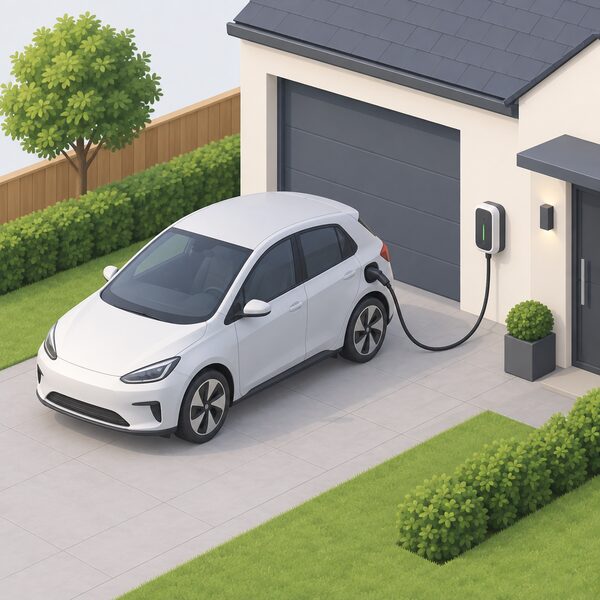 A small electric car parked on a home driveway with its charging cable running from the car's socket to a wall-mounted chargepoint on the house exterior wall, connected to the household electricity supply.