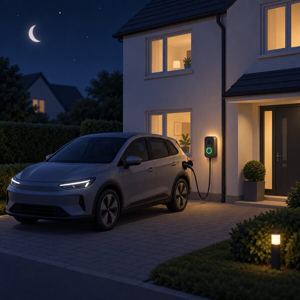 A dark night-time scene outside a UK home where an electric car parked on the driveway is plugged in by a cable to a wall-mounted chargepoint on the house wall, with a soft glow from the chargepoint showing charging underway during the cheaper overnight hours.