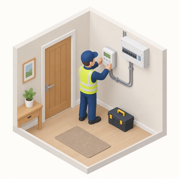 A small isometric figure of an installer fitting a smart electricity meter on an inside wall of a home, with the meter connected by cabling to the consumer unit, shown as a simple interior scene with no readable text on the meter display.