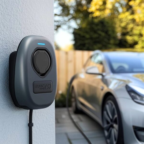 A grey Sync Energy wall-mounted EV charge point on a house wall with an electric car plugged in on the driveway behind