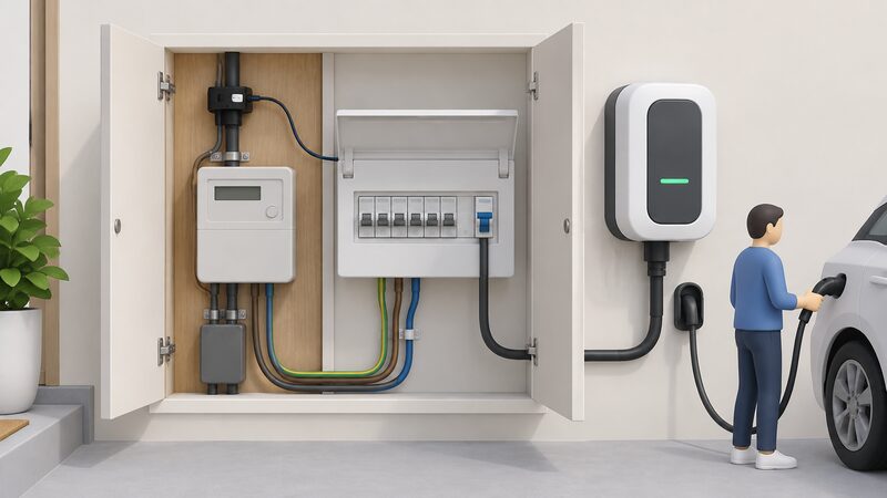 An open domestic meter and consumer unit cupboard with a wall-mounted EV charger fed by its own separate circuit breaker, and a current clamp fitted around the incoming supply cable so the charger can sense the whole house's draw.