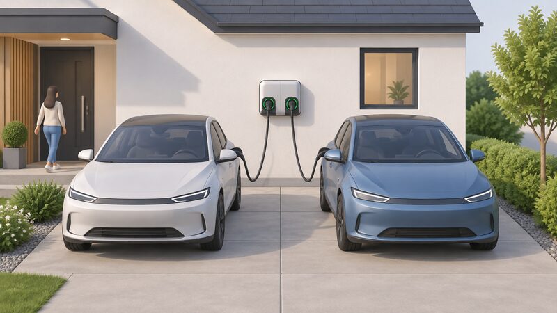 A wall-mounted dual EV charger on a house exterior wall with two charging cables running down to two electric cars parked side by side on the driveway below, each car connected and charging from the single shared unit.