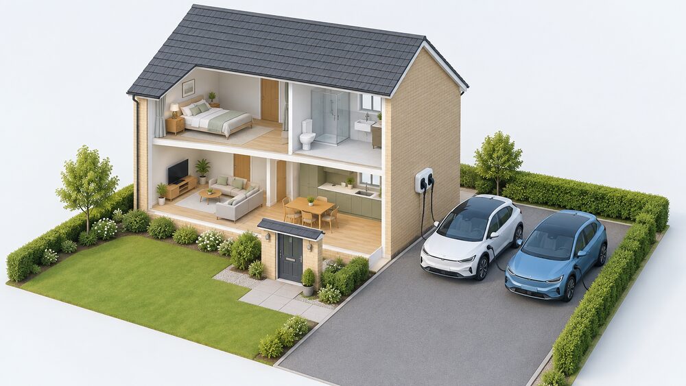 A dual EV charger mounted on the outside wall of a house beside the driveway, with two charging cables running from its two sockets to two electric cars parked side by side on the drive.