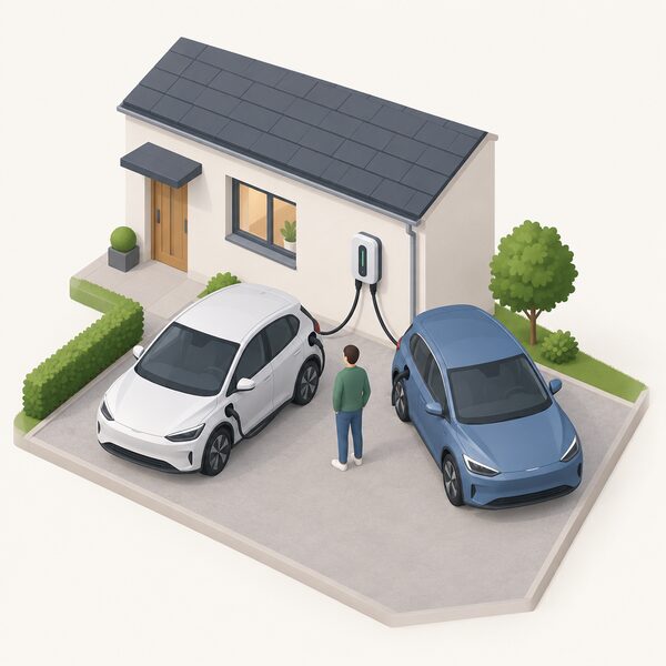 A wall-mounted domestic EV charger on a house exterior with two charging cables running to two electric cars parked side by side on the driveway, one small isometric figure standing between the cars, showing the single charger sharing its power between both vehicles.