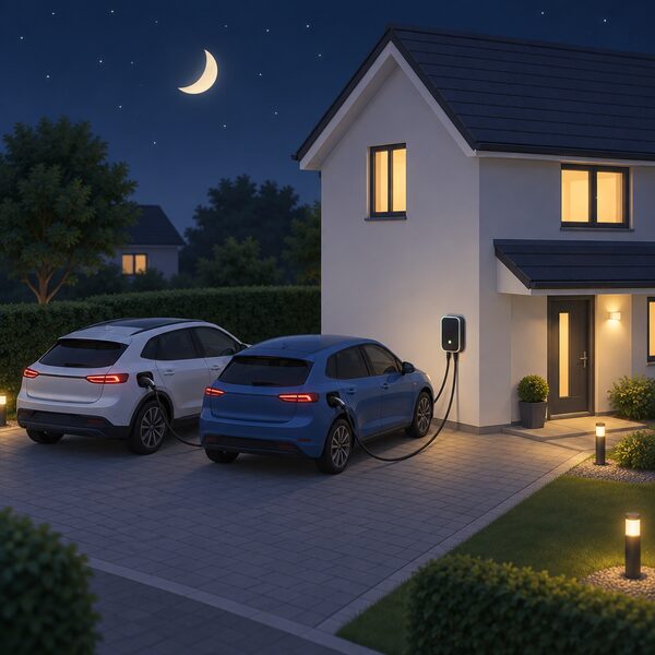 A night scene outside a house showing two electric cars parked on the driveway, each with a cable running from its charging port to a wall-mounted charge point on the house wall, with a small moon indicating overnight charging.