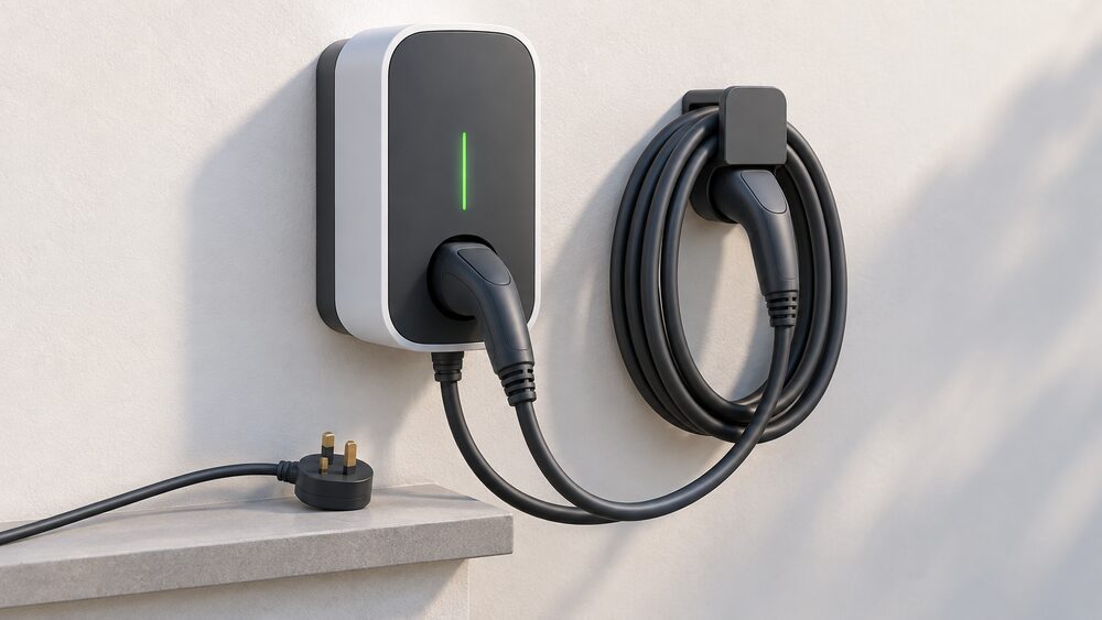 A close-up of a domestic EV wallbox charge point mounted on an outside wall, its charging cable coiled on a holder beside it, with a three-pin household plug and lead resting on a small ledge below, and nothing else in the scene.