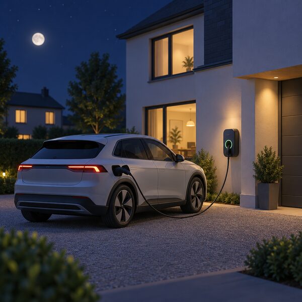 A night-time driveway scene with an electric car parked and connected by a cable to a wall-mounted home charge point on the house wall, a dark sky and lit house windows behind, showing an ordinary overnight charging session.