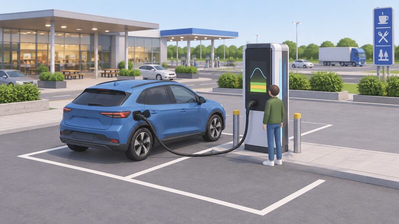 A car parked at a motorway services forecourt plugged into a tall ultra-rapid charging post by a cable, with a small isometric figure standing beside the post looking at the screen on its face, which shows a plain rising-then-falling taper line and blank colour bands instead of readable figures.