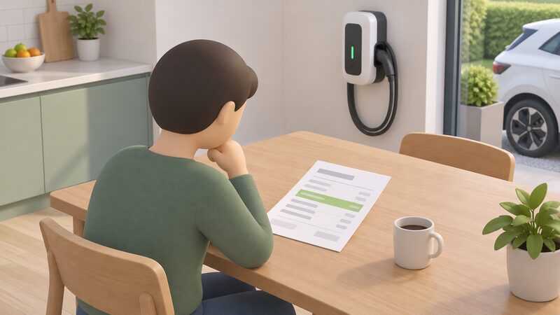 A domestic electricity bill lying on a kitchen table beside a wall-mounted home EV chargepoint, its energy line marked with a plain colour band indicating the reduced 5% VAT rate, with a simplified figure glancing at the paper.