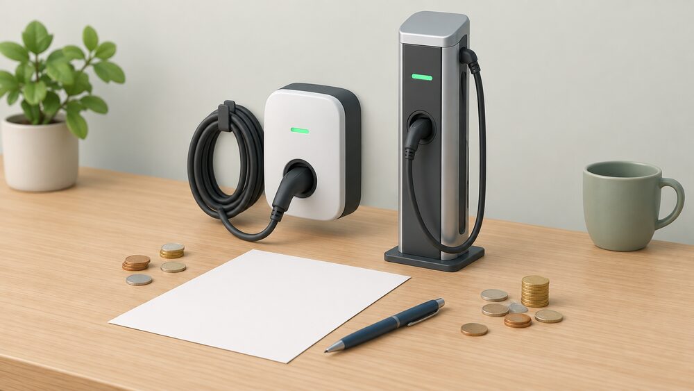 A small model of a wall-mounted home EV chargepoint with its cable coiled beside it stands next to a small model of a tall public charging post, both arranged on a table with a blank domestic energy bill, a pen and a scatter of coins.