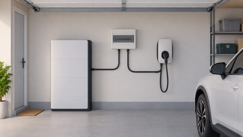 A garage interior showing a home battery unit and a wall-mounted EV charge point side by side, each with a cable running to a shared consumer unit mounted on the wall between them.