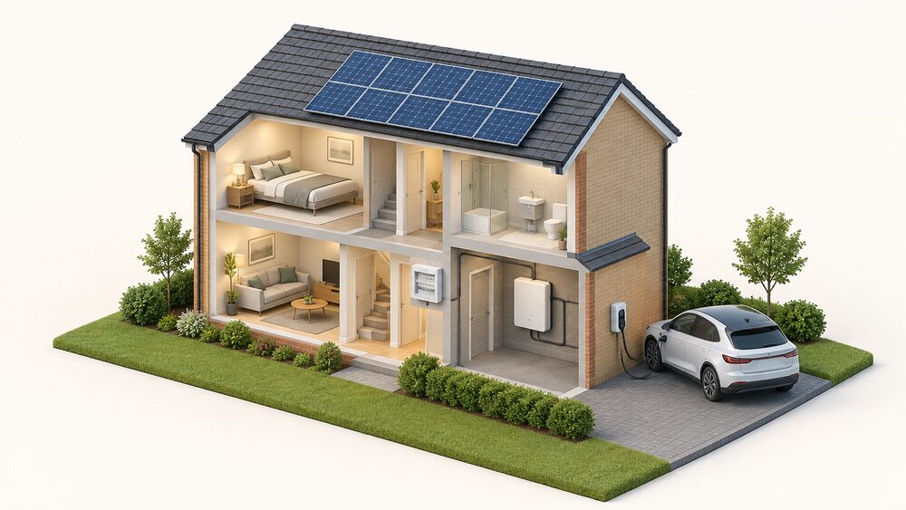 A cutaway house with solar panels on the roof, a wall-mounted home battery in the garage, an EV charger on the outside wall beside a parked car on the drive, and a consumer unit indoors where the battery and charger connections meet.