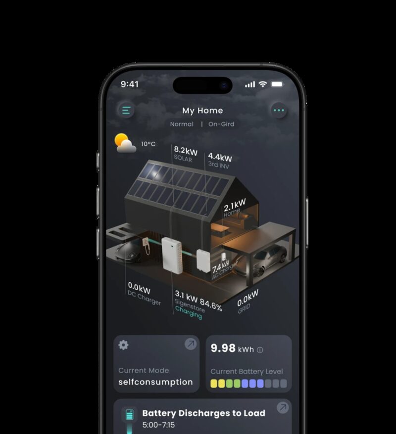 A smartphone displaying the Sigenergy app with a 3D home energy monitoring screen showing solar, battery, EV charger and grid flows