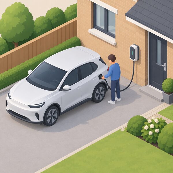 A small isometric figure plugs a charging cable from a wall-mounted home chargepoint into an electric car parked on a house driveway, with the house wall and front garden edge framing the scene.