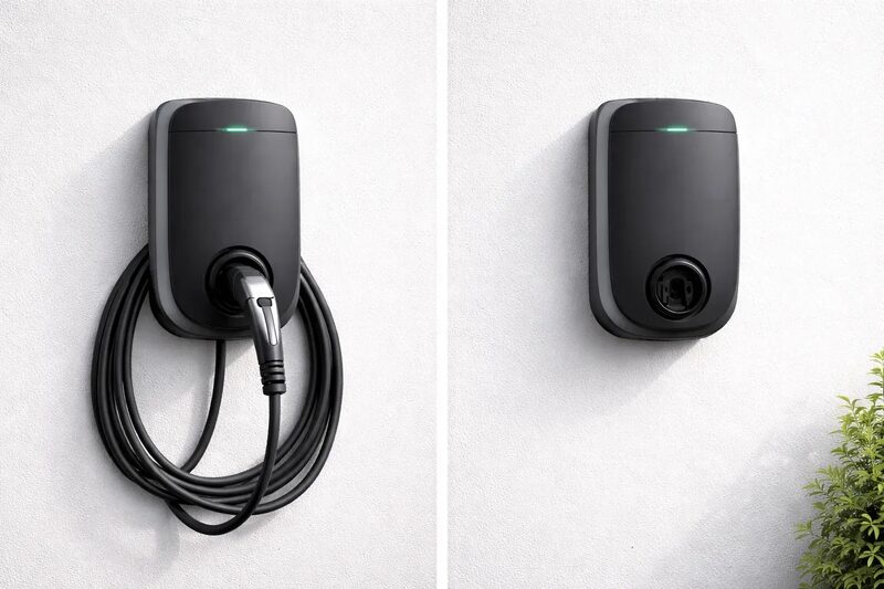Two wall-mounted EV chargers side by side, one tethered with a coiled cable and one untethered socket-only unit