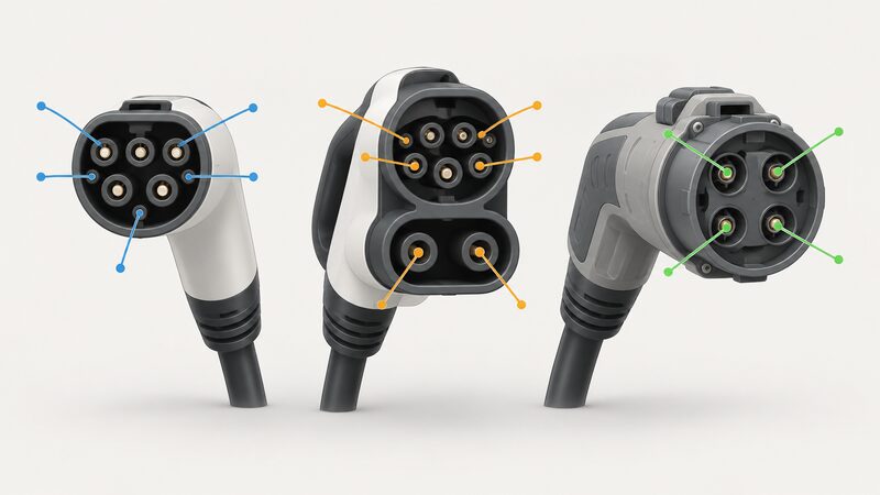 Three EV connector plugs shown side by side in a row on a plain background: a Type 2 plug, a CCS plug with its combined upper AC pins and lower DC pins, and a round four-pin CHAdeMO plug, each with simple callout lines pointing to their pins.
